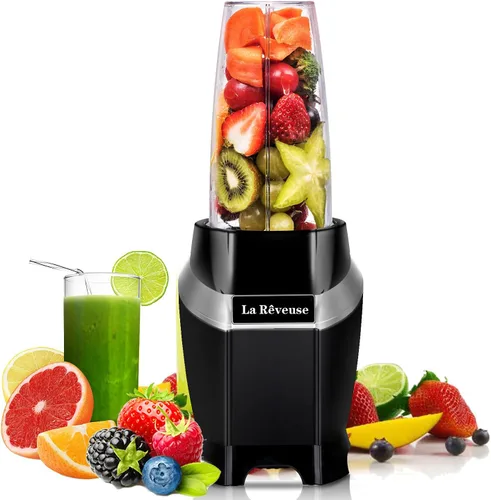 La Reveuse Batidora Personal para Batidos y Licuados de 1000 Vatios con Botella de Viaje Portátil de 24 oz Libre de BPA, Apta para Lavavajillas Negro