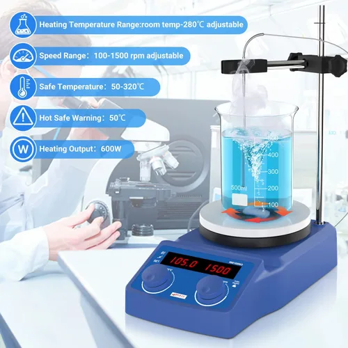 Miniatura 5 de FOUR E'S SCIENTIFIC Placa caliente con agitador magnético de 5 pulgadas, temperatura máxima 280℃/536°F Capacidad máxima de agitación 5L