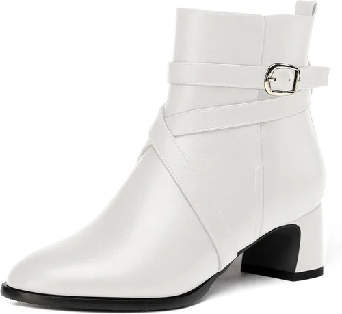 Miniatura 22 de WAYDERNS Botas altas de tobillo con hebilla casual para mujer, con correa de tobillo sólida mate, tacón bajo y grueso, 2 pulgadas