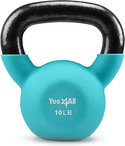 Yes4All Pesas rusas, pesas rusas de hierro fundido recubiertas de neopreno de 5-65 LB, asa de agarre ancho y fondo plano para balanceos, B. 10