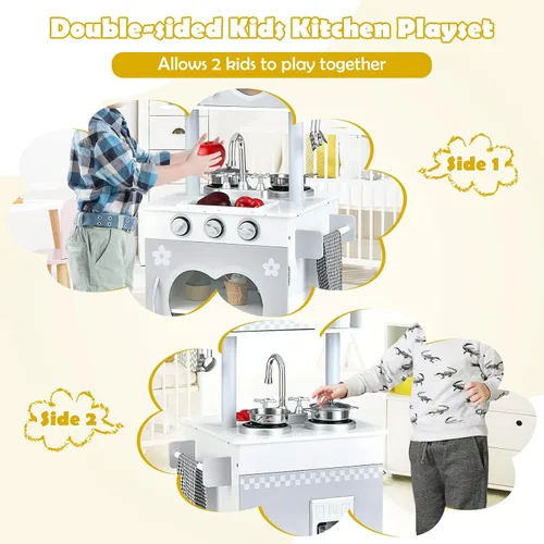 Miniatura 3 de HONEY JOY Juego de cocina para niños, cocina de doble cara para niños pequeños, horno y fregadero, dispensador de cubitos de hielo, utensilios