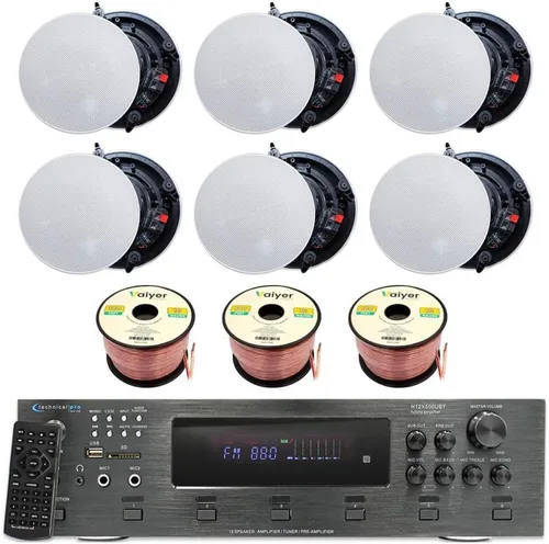 Miniatura 10 de Technical Pro Kit de sistema estéreo para el hogar, amplificador Bluetooth de 6 canales de 6000 vatios con 6 altavoces de techo enmarcados de 8