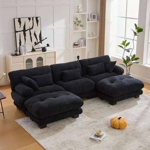 Sofá modular en forma de U de 118 pulgadas con 2 otomanas, sofá de nube de terciopelo peletizado con almohadas de apoyabrazos de refuerzo, cómodo