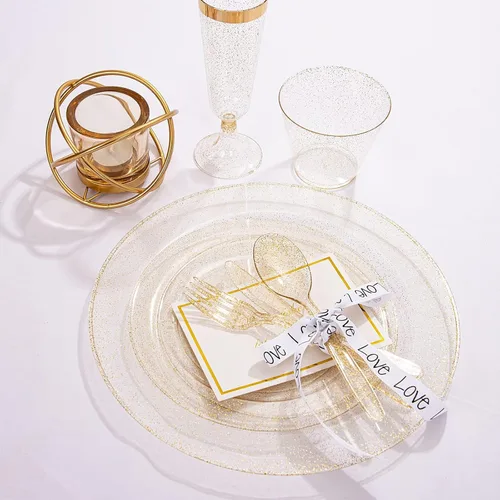 Miniatura 7 de WDF Cubiertos de plástico dorado 360, cubiertos desechables con purpurina dorada, cubiertos de plástico con 120 tenedores, 120 cucharas, 120