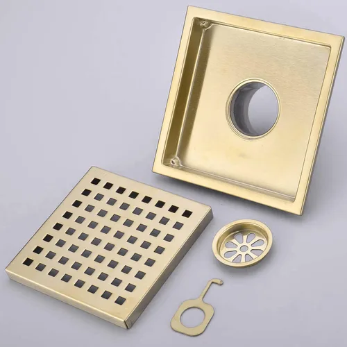 Miniatura 4 de TRUSTMI Desagüe cuadrado de 6 pulgadas con cubierta de rejilla extraíble, acero inoxidable SUS 304, oro cepillado