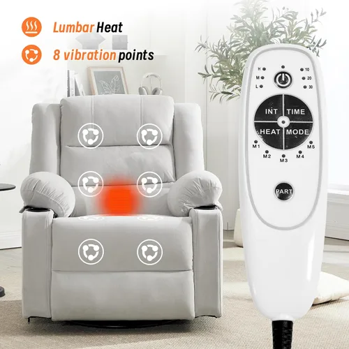 Miniatura 6 de Mecedora reclinable para adultos, silla reclinable giratoria de 360° con masaje y calefacción, mecedora manual con portavasos para sala de estar