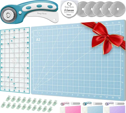 Miniatura 9 de Juego de cortador giratorio - Kit de acolchado incl. Cortador de tela de 45 mm, 5 cuchillas de repuesto - Ideal para manualidades, costura, parcheo