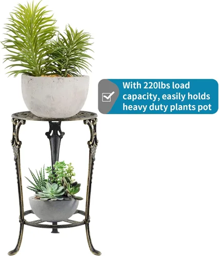 Miniatura 5 de MDLUU Soporte para plantas de 18.8 pulgadas de alto, soporte para plantas en maceta de hierro fundido, soporte de maceta de metal de 2 niveles, Negro
