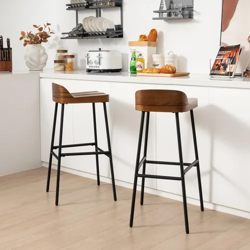 Miniatura 4 de COSTWAY Juego de 4 taburetes de bar industriales de 29 pulgadas con respaldo bajo y reposapiés, patas de metal, silla de altura de mostrador