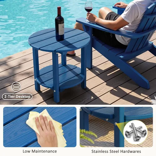 Miniatura 8 de Mesa auxiliar redonda de 2 niveles para exteriores con veta similar a la madera, mesa auxiliar Adirondack de HDPE para patio, mesa auxiliar Azul