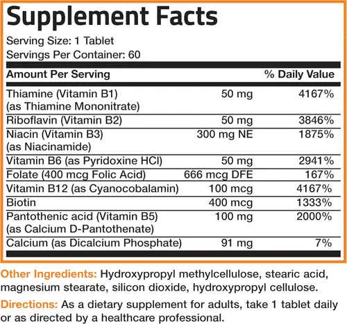 Miniatura 6 de Bronson Complejo de vitamina B Super B de liberación lenta sostenida (vitamina B1, B2, B3, B6, B9 - ácido fólico, B12) contiene todas las vitaminas