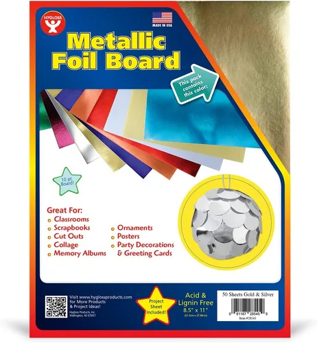 Miniatura 3 de Hygloss Hojas de cartulina metálica, 50 hojas doradas y plateadas, 8.5 x 11 pulgadas, resistentes, 10 puntos, papel de cartón metálico para Oro