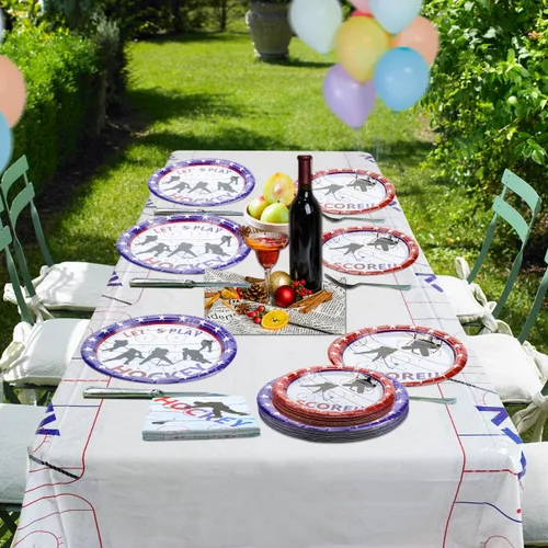 Miniatura 5 de Decoraciones de fiesta de hockey – Suministros para fiestas temáticas de hockey sobre hielo, incluyendo platos llanos de 9 pulgadas, platos