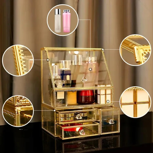 Miniatura 5 de Organizador de maquillaje de vidrio grande con cajón, juego de almacenamiento de belleza, organizador de mostrador de baño, exhibición de cosméticos
