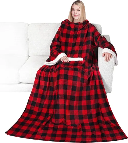 Miniatura 40 de PAVILIA Manta de forro polar con mangas para mujeres y hombres adultos, manta portátil cálida y suave, acogedora con bolsillo para abrazarse, manta