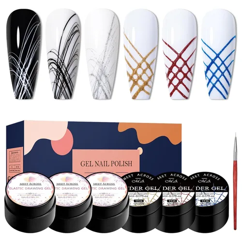 Gel de araña de dibujo elástico de 6 colores, esmalte de gel UV LED, gel de dibujo para línea, manicura de arte de uñas con pinceles (color sólido +