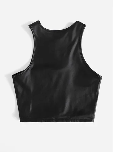 Miniatura 2 de SheIn Camiseta corta sin mangas asimétrica de piel sintética con cuello redondo para mujer