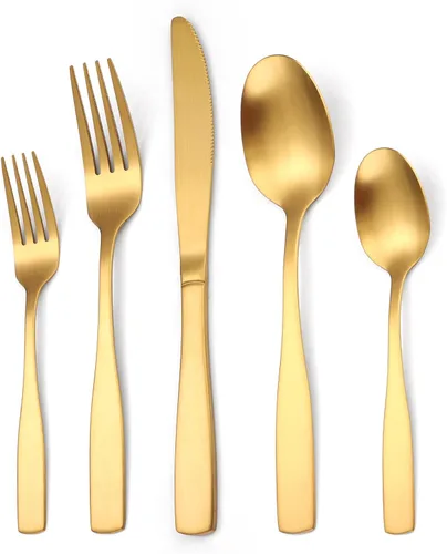 Miniatura 26 de Juego de cubiertos dorados de 20 piezas con tenedor para pastel, juego de cubiertos de acero inoxidable para 4, utensilios de cocina con mango