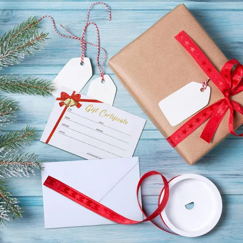 Miniatura 6 de Spiareal 50 juegos de certificados de regalo de Navidad en blanco con 50 sobres de regalo a juego, cinta roja de 3.5 x 5.5 pulgadas, tarjetas