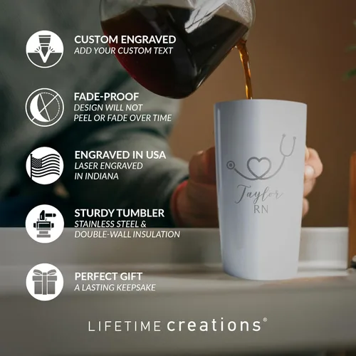 Miniatura 2 de Lifetime Creations Taza de acero inoxidable personalizada grabada con tapa para enfermera de 590 ml (blanca) - Regalo personalizado para enfermera