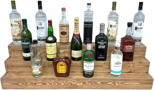 Miniatura 11 de Estantería de exhibición escalonada hecha a mano, exhibición de barra de tres niveles, organizador de barra, exhibición de botellas de licor