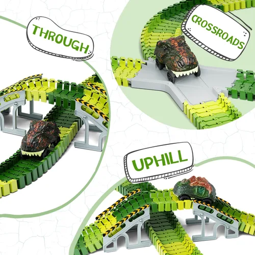 Miniatura 4 de Juguetes de dinosaurio, crea una carrera de carretera mundial de dinosaurios, juego de pista flexible y 2 piezas de autos de dinosaurio geniales