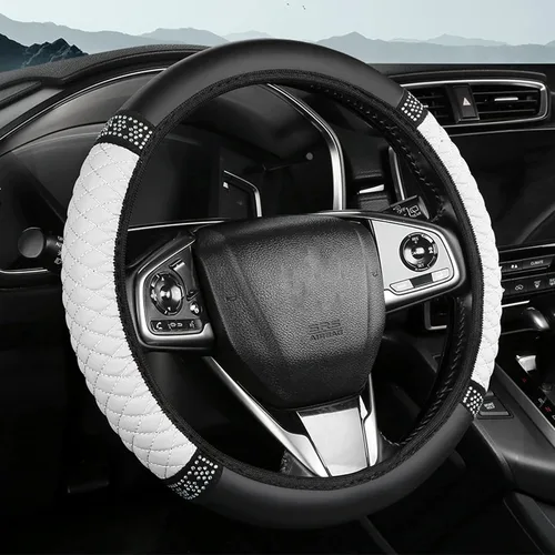 Miniatura 14 de Funda brillante para volante de automóvil, 15 pulgadas, con diamantes de imitación de cuero suave, protector elástico para volante, diamante