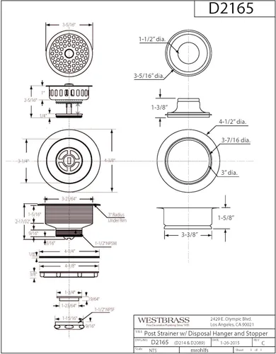 Miniatura 2 de Westbrass D2165-50 Colador de cesta de cocina grande estilo poste con brida de eliminación de residuos y tapón, capa en polvo blanco Blanco