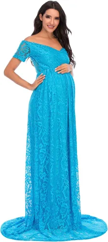 Miniatura 3 de ZIUMUDY Vestido de maternidad floral de encaje con hombros descubiertos para fotografía Maxi manga corta Baby Shower Vestido de dama de honor
