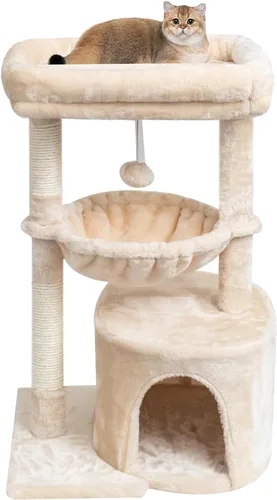 SYANDLVY Árbol pequeño para gatos de interior, condominio para gatitos con poste rascador y tabla, torre de actividades moderna con cuna, beige