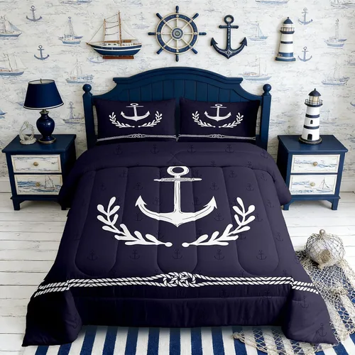 Miniatura 45 de Juego de edredón Lake House tamaño Twin, juego de ropa de cama náutica de navegación con ancla de 2 piezas para decoración de habitación de niños