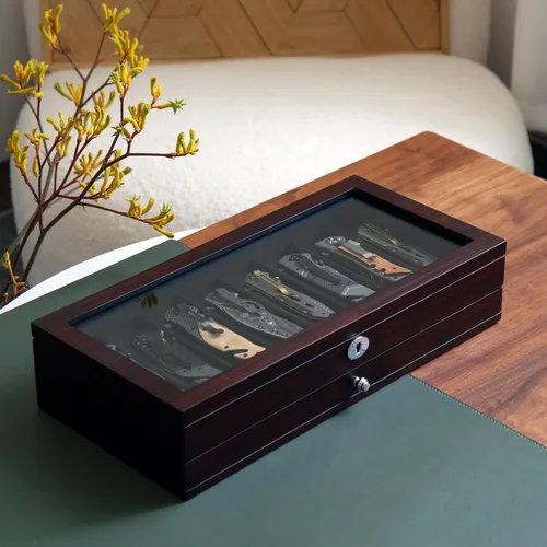 Miniatura 3 de Estuche de exhibición de cuchillos de dos niveles, caja de almacenamiento para cuchillos de bolsillo de 15 a 17 cuchillos de bolsillo, estuche Chapa