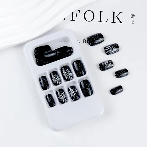 Miniatura 6 de Uñas postizas a presión con copos de nieve, uñas postizas cuadradas cortas de Navidad, uñas acrílicas negras con purpurina, kit de uñas postizas