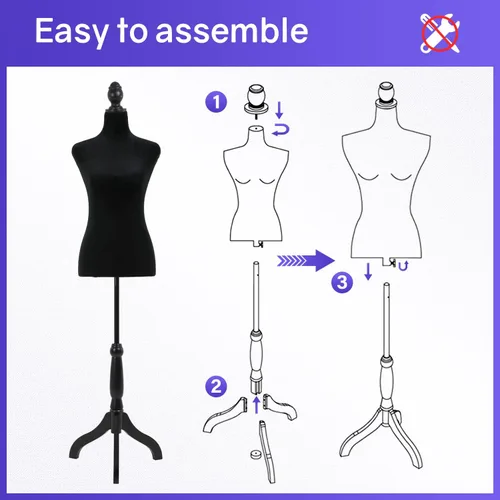 Miniatura 5 de Maniquí femenino, forma de vestido ajustable de altura de 50 a 63 pulgadas, maniquí de torso con trípode de madera para coser ropa, exhibición