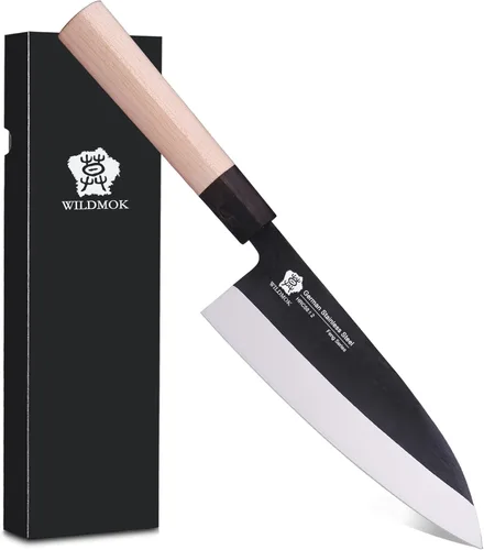 Cuchillo Deba WILDMOK de 7 pulgadas, cuchillo Usuba asiático para salmón, cuchillo Sashimi de acero inoxidable alemán con hoja y mango de madera