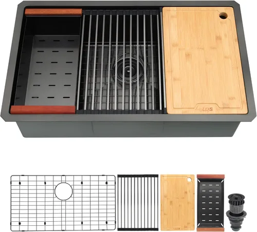 Miniatura 2 de LQS Fregadero de Cocina Empotrado Negro, Fregadero de Estación de Trabajo de Cocina Empotrado de 32 Pulgadas con Línea de Drenaje en Forma de X