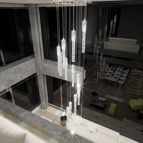 Miniatura 2 de Flashing God Candelabro de cristal moderno regulable LED plateado luz de techo de burbuja de cristal, lámpara de techo alto para sala de estar
