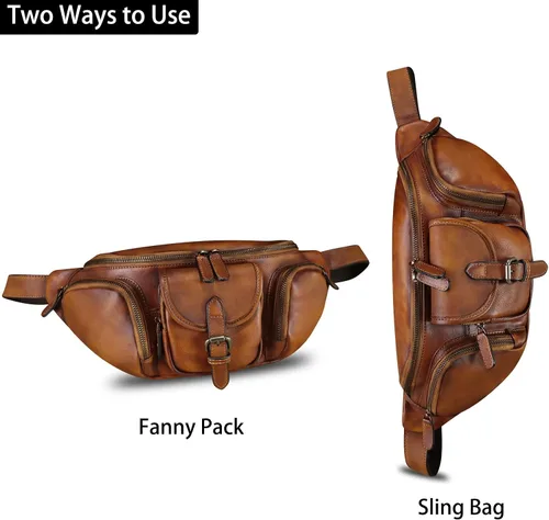 Miniatura 2 de Riñonera de cuero genuino para hombres y mujeres, bolso bandolera de cuero real, bolso cruzado de moda, bolso de cintura de moda, Marrón, Riñonera