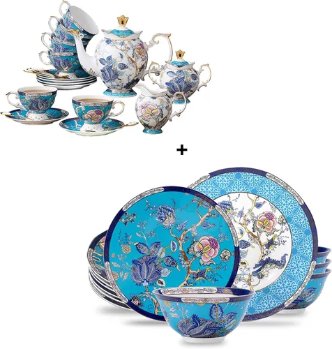 ACMLIFE Juego de té con vajilla para adultos, juegos de porcelana de hueso de 33 piezas, juego de té de café para 6 o 4 juegos de té inglés vintage