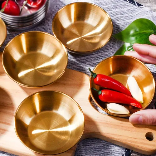 Miniatura 7 de Juego de 6 platos de salsa de soja de acero inoxidable, cuencos redondos dorados para sushi, albóndigas y olla caliente, platos de condimentos