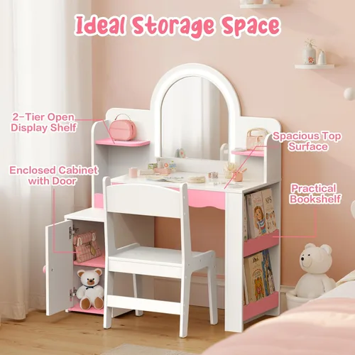 Miniatura 4 de Juego de tocador para niños con luces y sillas, mesa de tocador de princesa para niñas, tocador de maquillaje para niños pequeños con espejo LED