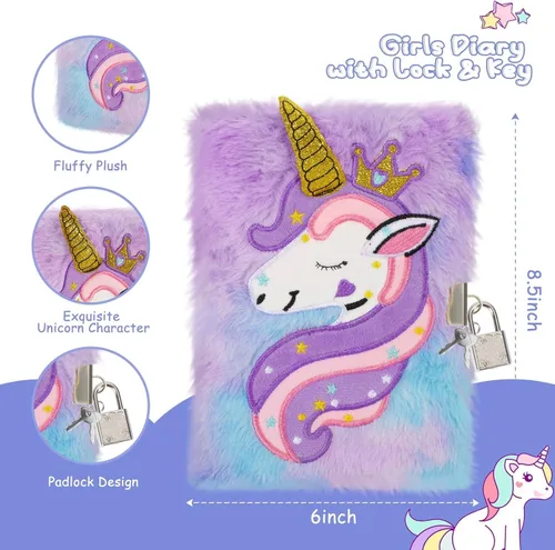 Miniatura 3 de homicozy Diario de unicornio para niños con cerradura y llave, diario difuso de teñido anudado para niñas de 6 años en adelante, cuaderno de tapa