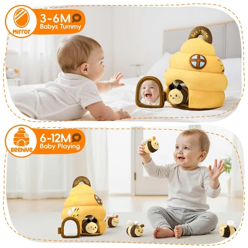 Miniatura 5 de Juguetes para bebés de 6 a 12 meses - Juguete infantil de colmena con 5 abejas sensoriales, animales de peluche, crujido, sonajero, espejo y música