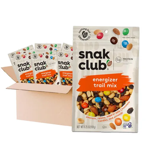 Snak Club Energizer Trail Mix con cacahuetes salados tostados, pasas, caramelos de chocolate, almendras tostadas, aperitivos sin gluten y kosher,