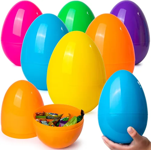 JOYIN 6 huevos de Pascua de plástico jumbo de 7 pulgadas, colores sólidos brillantes, 6 colores surtidos, huevos vacíos para rellenar golosinas,