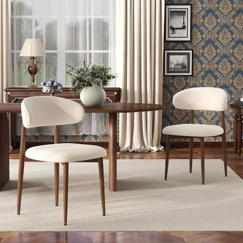 Juego de 2 sillas de comedor estilo granja, sillas de comedor de mediados de siglo con patas de metal de grano de nogal, sillas tapizadas de tela de