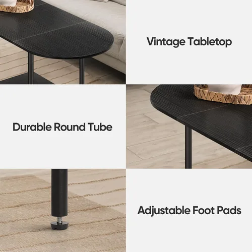 Miniatura 5 de Mesas de café negras para sala de estar, mesa de centro oval pequeña de mediados de siglo con estante de almacenamiento y tablero de madera, mesa