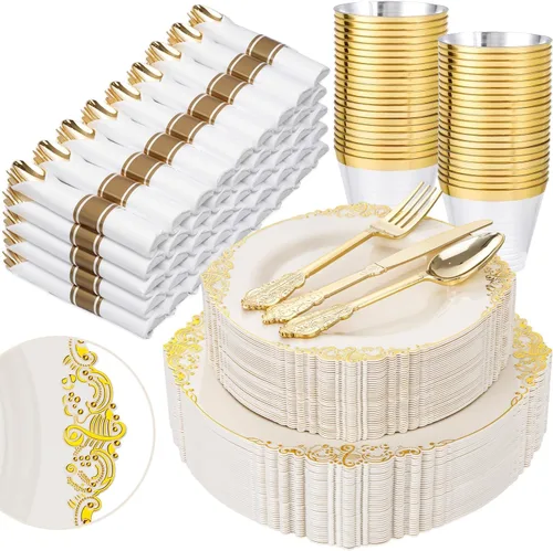 Miniatura 14 de Nervure 350 platos de plástico dorados, juegos de vajilla de plástico dorado para 50 invitados, 100 platos desechables, 150 cubiertos, 50 tazas, 50