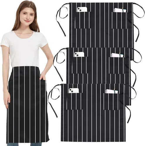 Miniatura 11 de Paquete de 3 delantales de cintura con 3 bolsillos, delantales de camarero unisex negros, delantales resistentes al agua para restaurante, chef y bar
