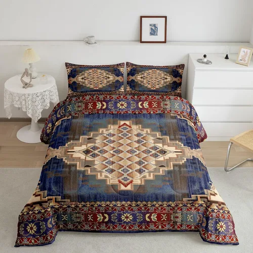 Erosebridal Juego de edredón bohemio individual, juego de ropa de cama exótica bohemio, retro, azul, amarillo, degradado, rojo, floral, bohemio,